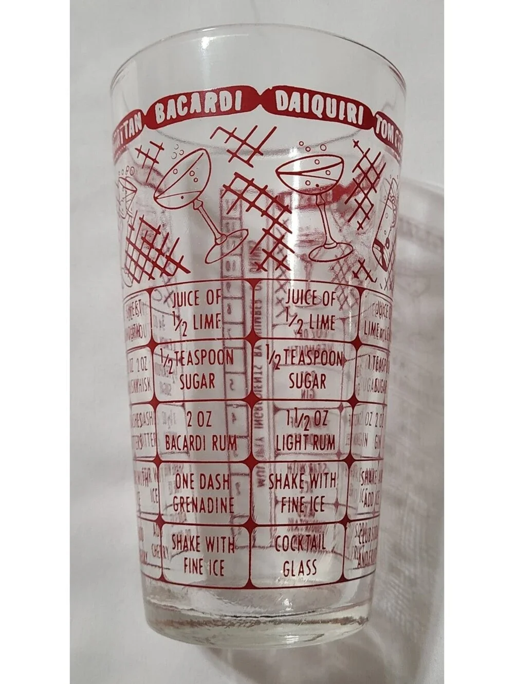 Vtg Federal Glass Mixology & Recipe Tumbler  Retro Red Print  MCM Barware Glass